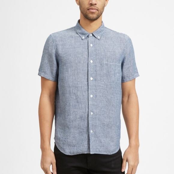 Everlane Men's Linen Short Sleeve Standard‎ Fit Striped Button Down Shirt Sz L - Picture 1 of 8